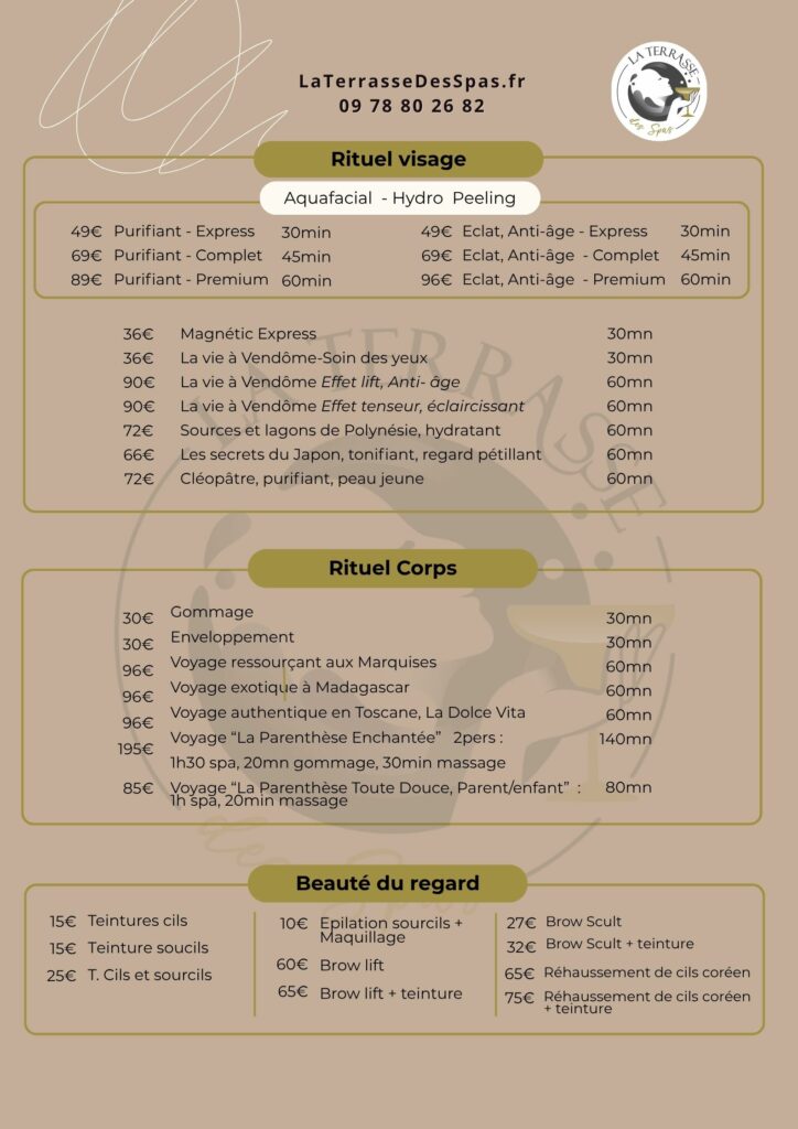 carte des soins page 1 - institut beauté Hazebrouck - LaTerrasse des Spas