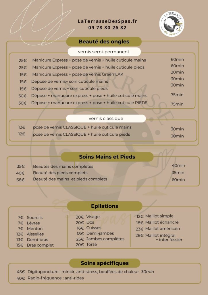 carte des soins page 2 - institut beauté Hazebrouck - LaTerrasse des Spas