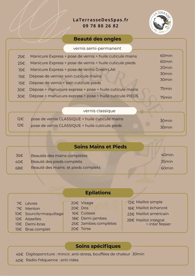 carte des soins page 2 - institut beauté Hazebrouck - LaTerrasse des Spas